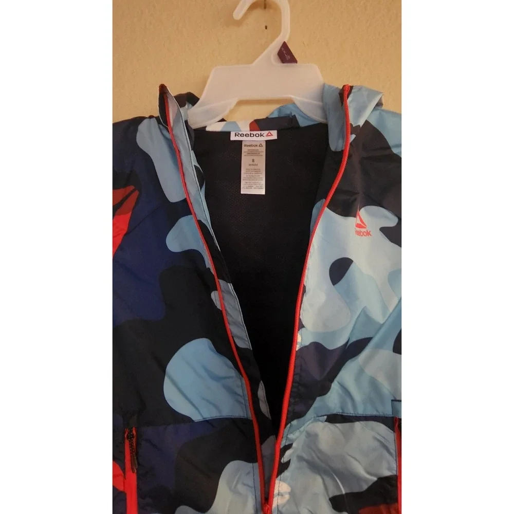 REEBOK Boys Full Zip Camo Hooded Jacket Wind Breaker Pockets M 8 NWT